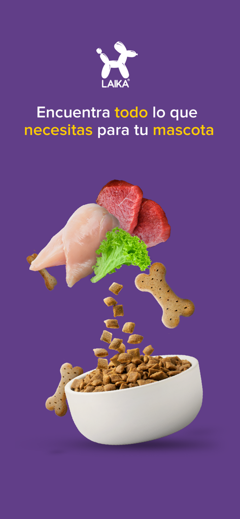 Laika app display showing fresh meat chicken and treats falling into a pet food bowl