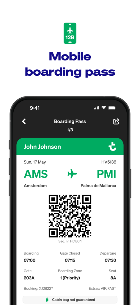 Transavia - Transavia app displaying a digital boarding pass with a QR code for a flight from Amsterdam to Mallorca