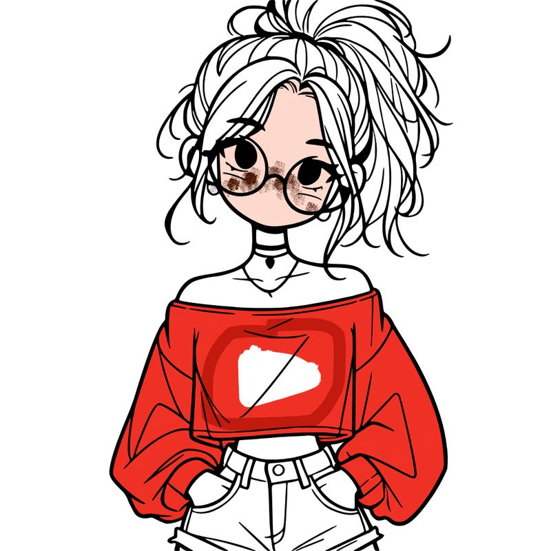 girl with a messy ponytail glasses a baggy crop top and jean shorts