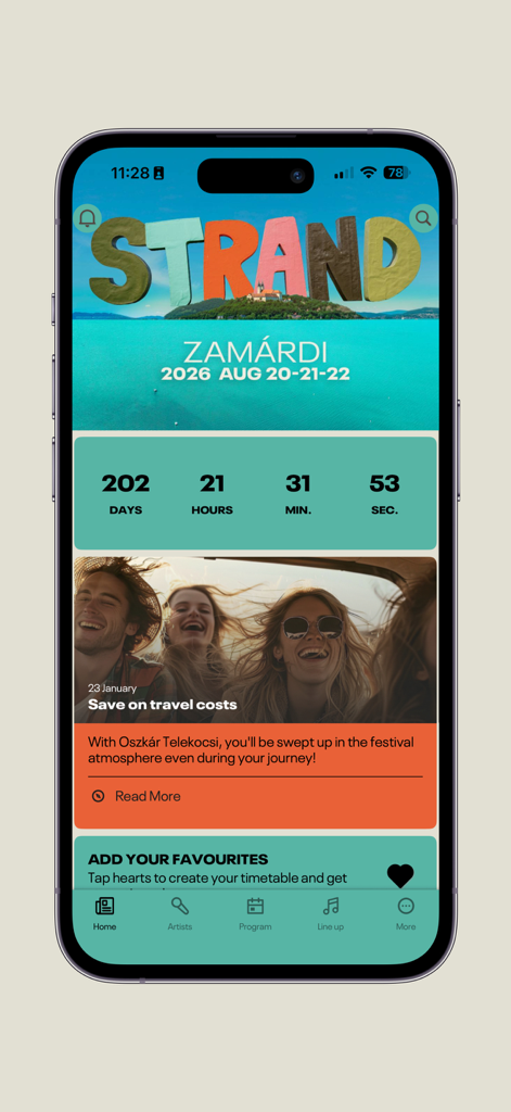 Strand Fesztivál - Pantalla de inicio de la app móvil Strand Fesztival con cuenta regresiva y información para visitantes