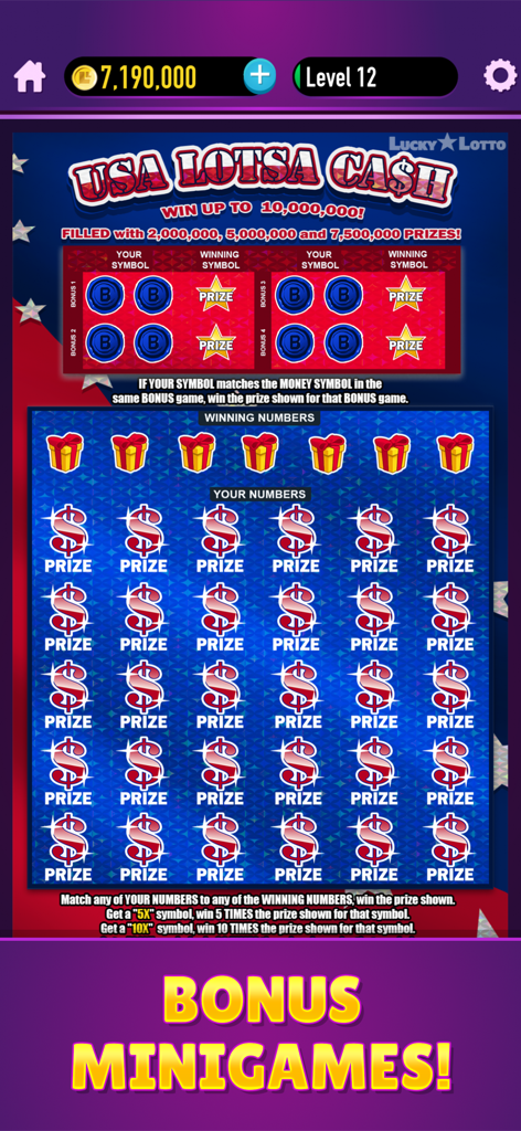 Lucky Lotto - Mega Scratch Off - USA Lotsa Cash scratch off ticket with bonus minigames in Lucky Lotto