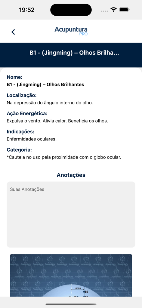 Acupuntura Pro - Pantalla de información clínica del punto de acupuntura B1 Jingming con ubicación e indicaciones en la aplicación Acupuntura Pro.