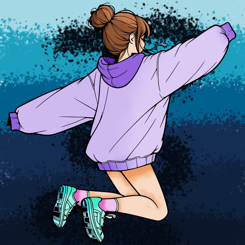 realistic girl jumping with a bun and oversized sweatshirt