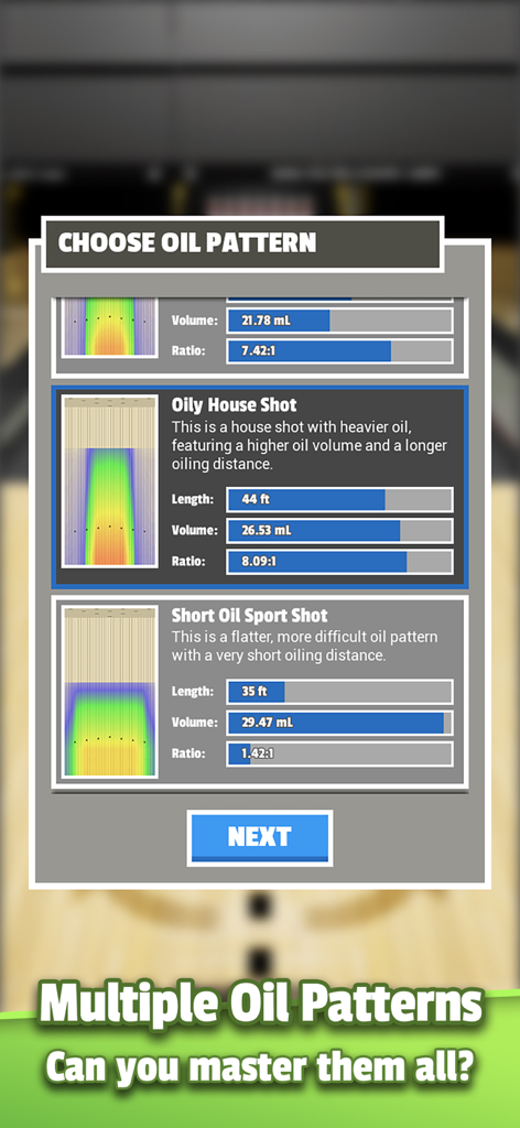 Screenshot of Bowling Unleashed showing multiple technical oil patterns like Oily House Shot and Short Oil Sport Shot for realistic bowling simulation.
