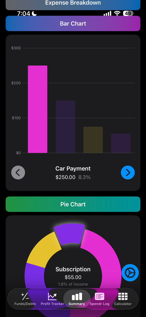 Budget Hive - App mobile Budget Hive che mostra una ripartizione delle spese con un grafico a barre per i pagamenti dell'auto e un grafico a torta per i costi degli abbonamenti.