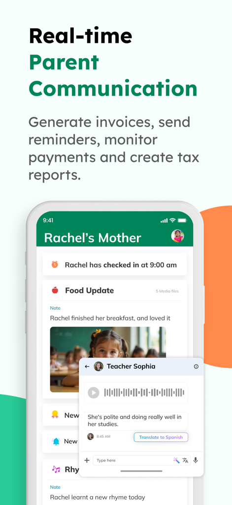 A mobile app interface displaying real-time childcare updates including check-in status meal reports and direct teacher messaging