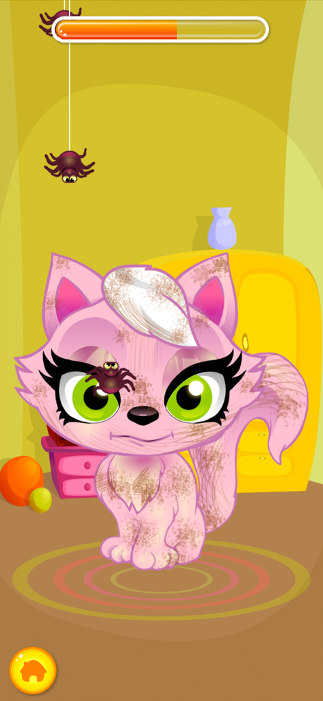 Pet Wash - A dirty pink kitten with spiders on its face in the Pet Wash game