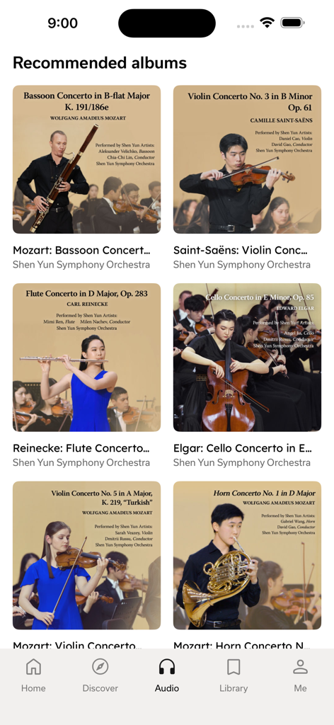 Interface de l'application Shen Yun Creations montrant des albums de musique classique recommandés avec l'Orchestre Symphonique Shen Yun.