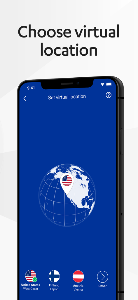 Interfaz de usuario de F-Secure FREEDOME VPN que muestra la selección de ubicación virtual con íconos de globo y bandera