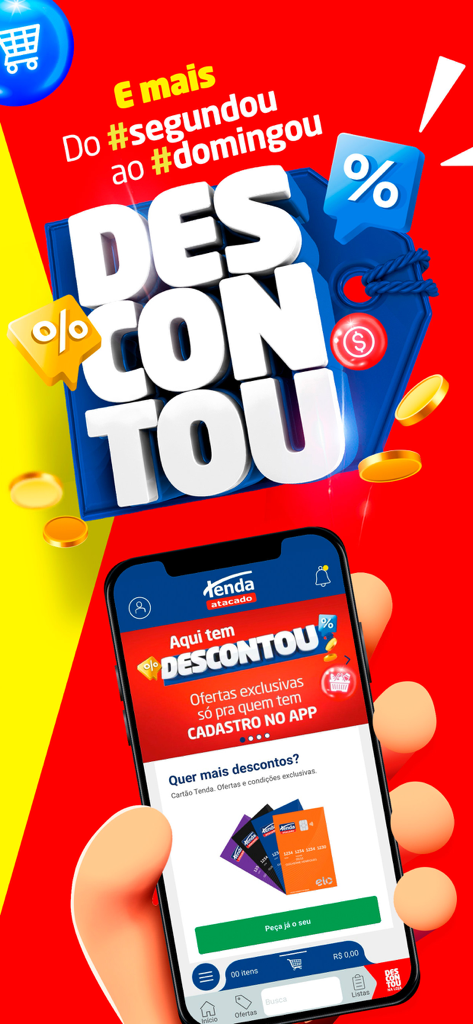 Tenda Atacado - Smartphone showing Tenda Atacado app interface with exclusive wholesale discounts and store card information