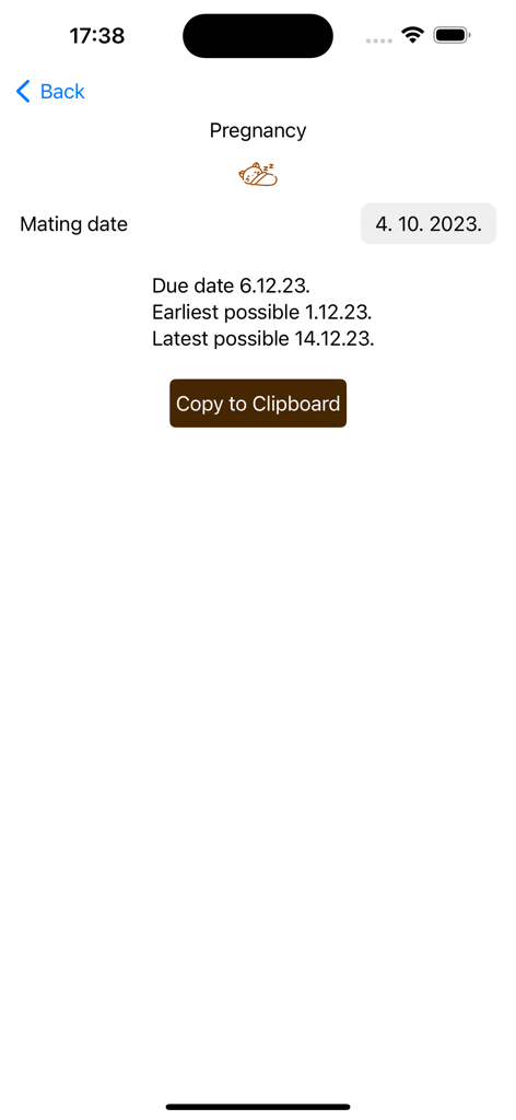 Interface of the cat pregnancy calculator displaying estimated due dates based on mating date
