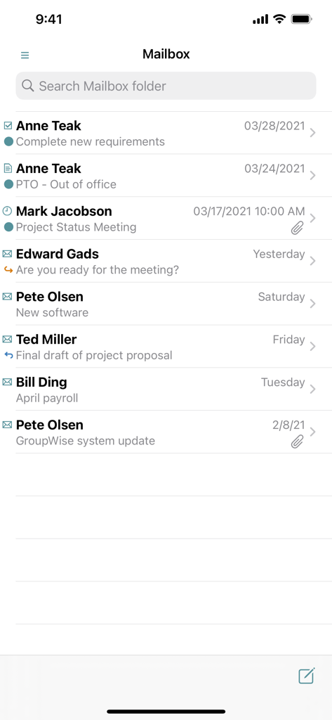 GW Mailbox App-Posteingangsansicht mit einer Liste von E-Mails und Besprechungen mit einer Suchleiste.