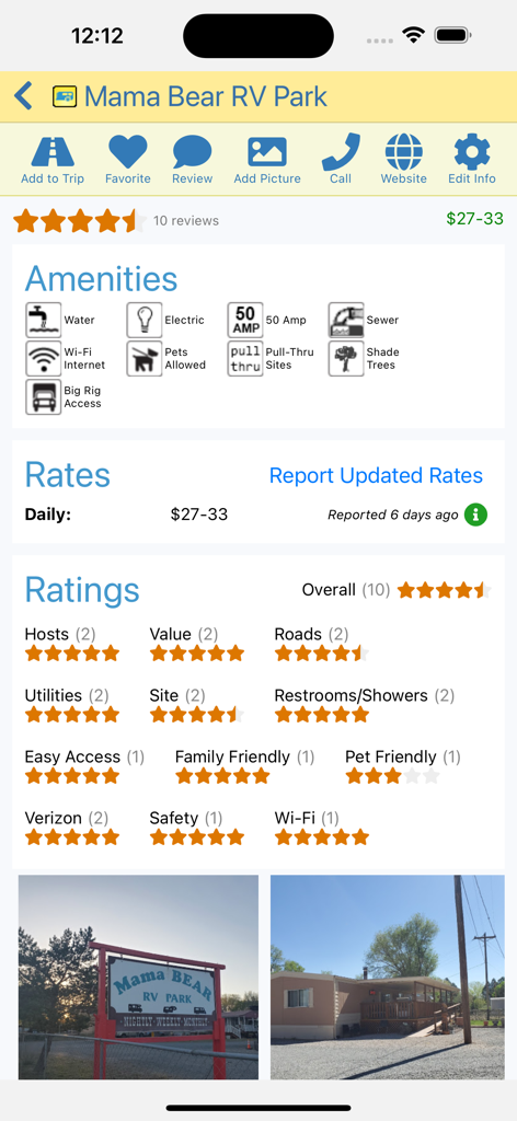 A screenshot of the RV Parky app showing the details for Mama Bear RV Park including its amenities, daily rates, and user ratings.