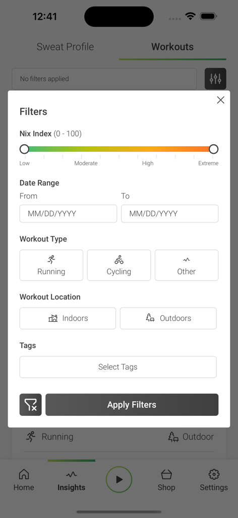 Nix Solo - Filtern von Trainingsdaten nach Nix-Index und Aktivitätstyp in der Nix Solo App.