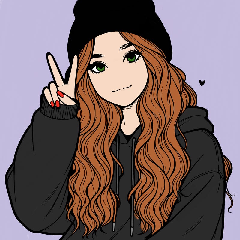 a teenage girl in a beanie, oversized sweatshirt, wavy long hair, and is showing a ✌️