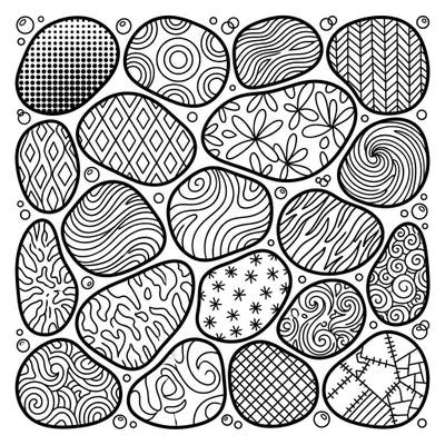 Explore a collection of unique river rocks, reimagined in a dynamic Pop Art style. This intricate coloring page invites you to bring a splash of vibrant color to each distinct pattern.