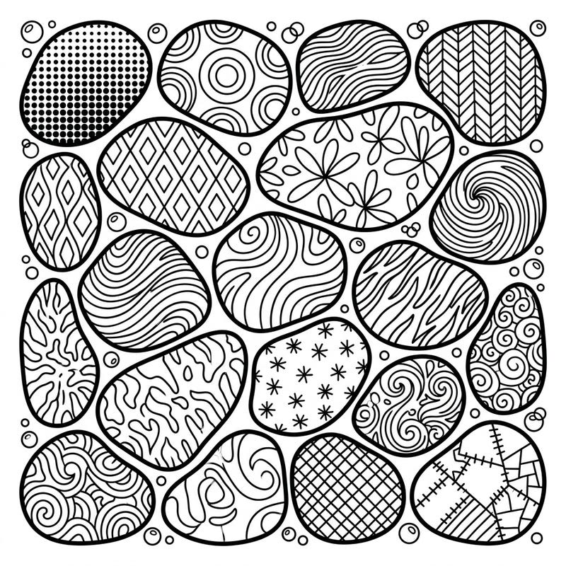 Explore a collection of unique river rocks, reimagined in a dynamic Pop Art style. This intricate coloring page invites you to bring a splash of vibrant color to each distinct pattern.