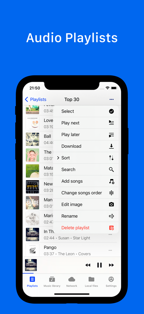 Musicbox: player for Dropbox - Musicbox app interface showing audio playlist management and options menu on an iPhone
