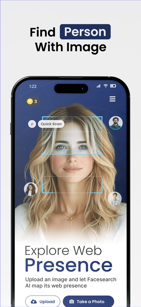 Face Search AIモバイルアプリのインターフェース。オンラインで人物を見つけるための顔認識スキャンを表示しています。