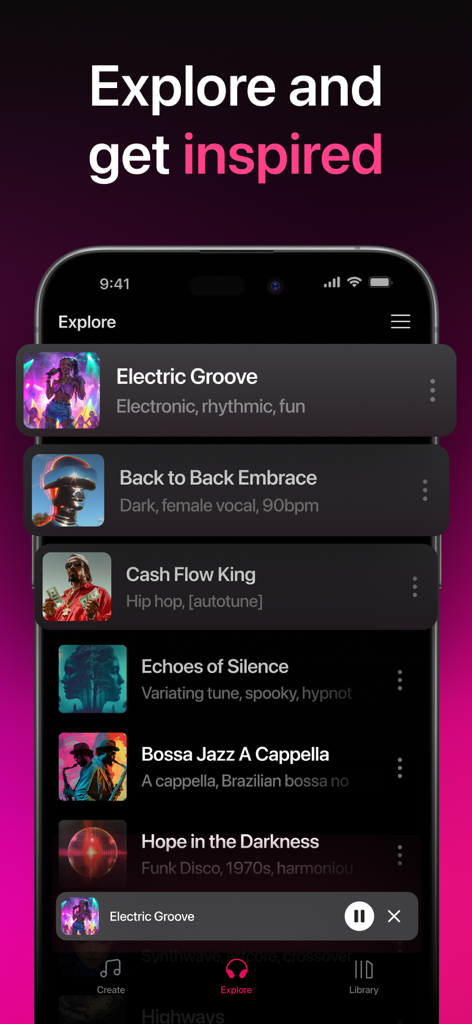 Schermata Esplora dell'app aUdio che mostra tracce musicali generate dall'AI in diversi generi come elettronica e hip hop.