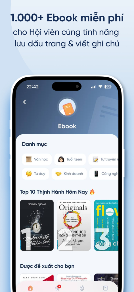 Fonos: Sách nói & PodCourse - Interface of the Fonos app displaying various ebook categories and trending titles for subscribers.