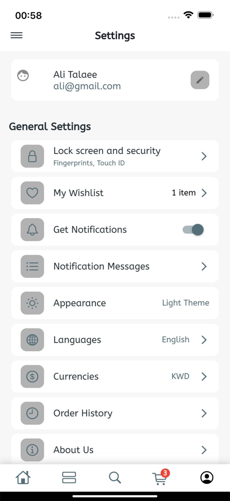사용자 프로필 및 일반 계정 옵션을 보여주는 자동차 디테일링 부티크 모바일 앱의 설정 메뉴