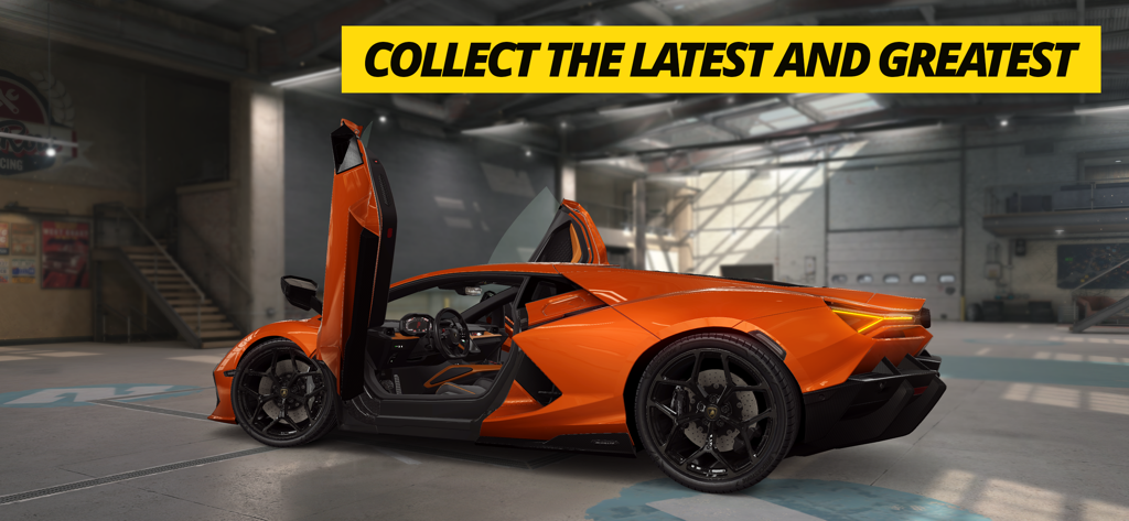 CSR 2 - Realistic Drag Racing - Una supercar Lamborghini arancione con le sue iconiche portiere a forbice aperte all'interno di un garage dettagliato in CSR 2.