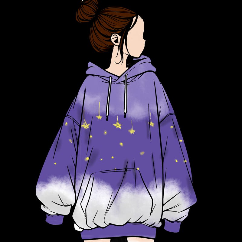 realistic girl with a oversized sweatshirt on and a bun