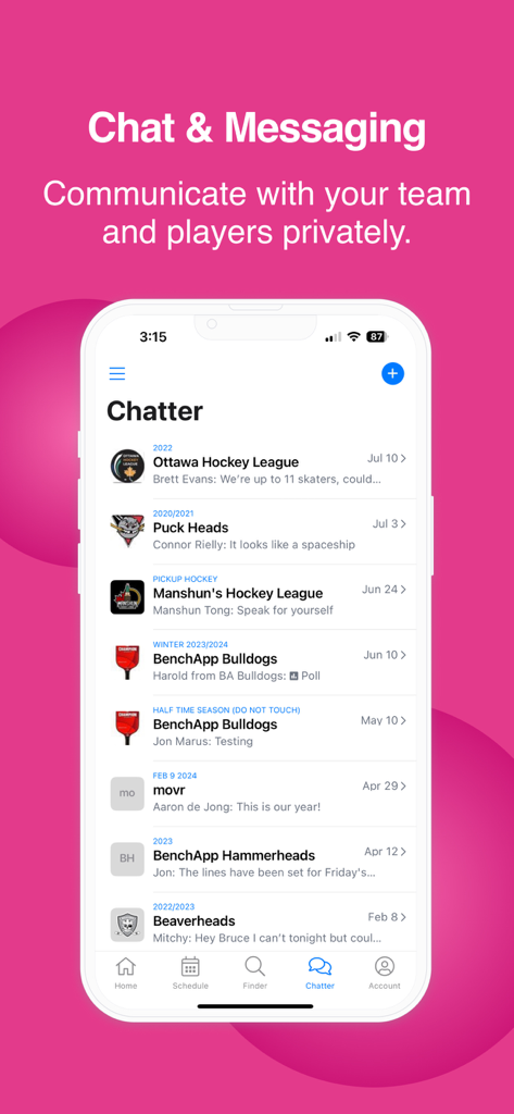BenchApp - Sports Team Manager - BenchApp mobile app interface showing team chat and private messaging lists for sports leagues
