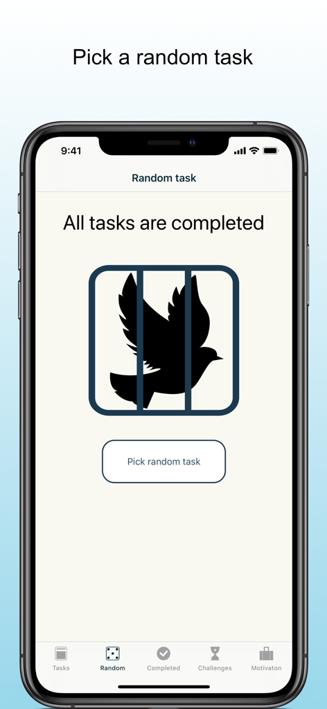 Step out of your comfort zone - A mobile app screen titled Random Task showing a bird icon and a button to pick a random task for overcoming anxiety