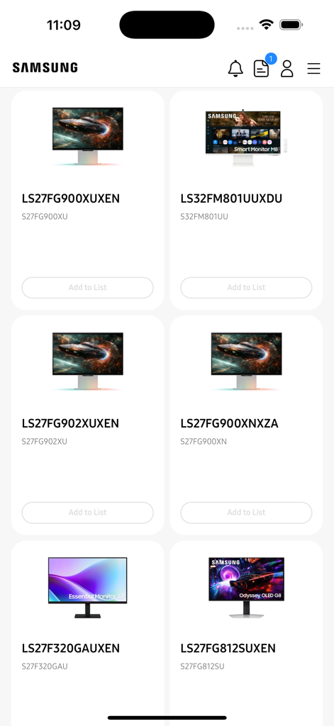 Samsung Partner Portal - The Samsung Partner Portal app displaying a grid of monitor models with their respective product codes and an add to list button
