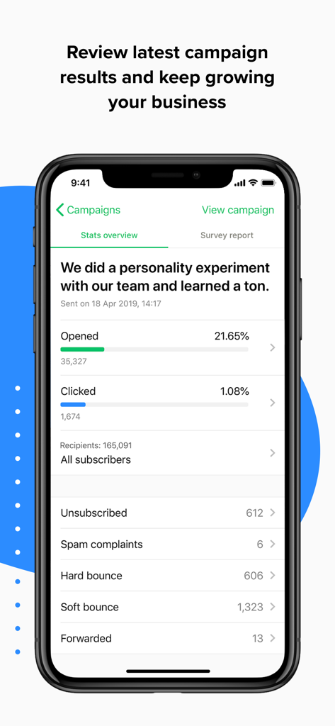 MailerLite Classic Manager - Mobile dashboard of MailerLite Classic Manager app showing email campaign performance metrics.