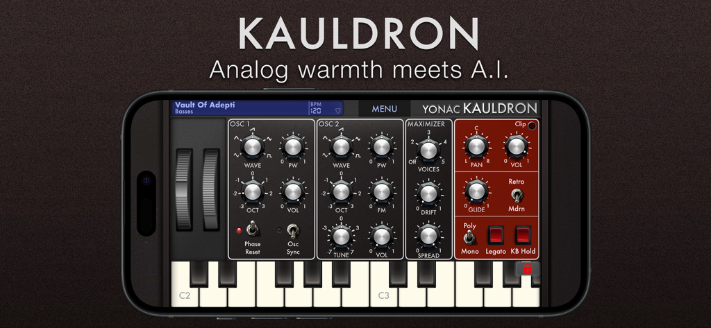 Kauldron Synthesizer interface on a smartphone showing analog modeling controls and a piano keyboard
