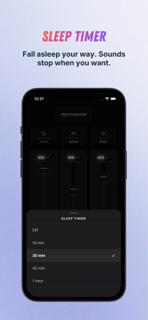 Retarder: Bus sounds - Un smartphone que muestra el menú del temporizador de sueño en la aplicación Retarder con opciones de 15, 30, 45 minutos y 1 hora.