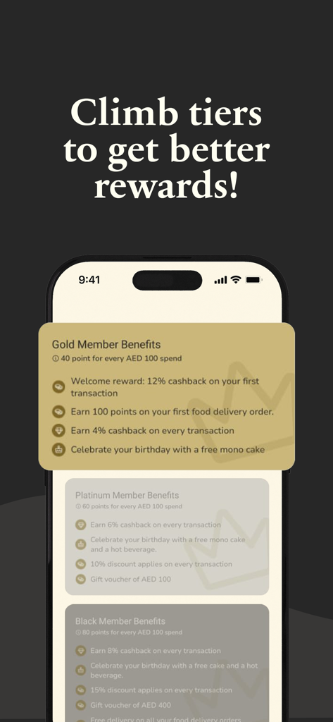 PAUL Arabia app screen displaying tiered loyalty program rewards and member benefits.