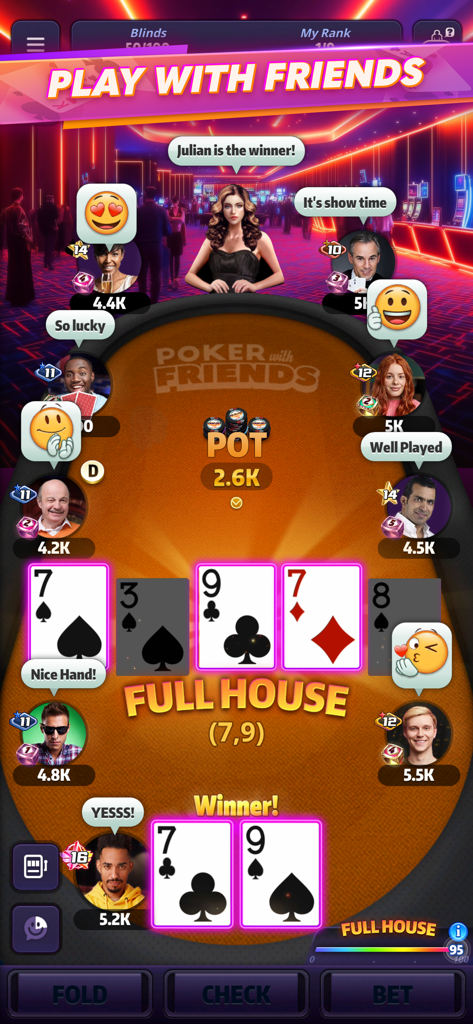 Mega Hit Poker: Texas Holdem - Table de Texas Holdem dans Mega Hit Poker montrant une main gagnante de full et des fonctionnalités de chat social