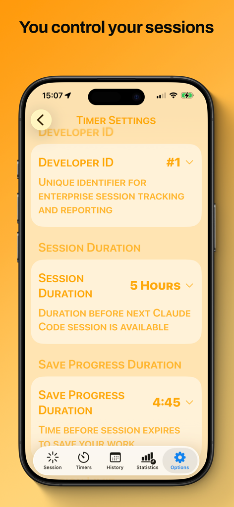 Claude Counter - Interfaz de la aplicación Claude Counter que muestra la configuración de la duración de la sesión y los temporizadores de guardado de progreso para rastrear sesiones de codificación de IA.