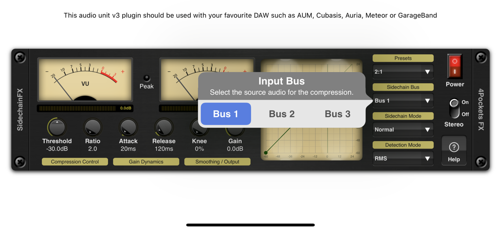 入力バス選択とビンテージスタイルのVUメーターを表示するSidechain Compressor Pluginのインターフェース