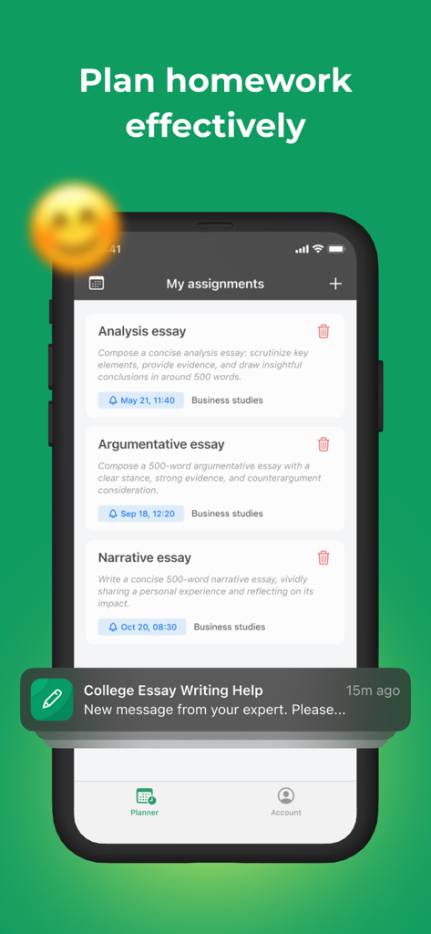 College Essay Writing Help - Die Benutzeroberfläche der College Essay Writing Help App, die eine Liste von Hausaufgaben und eine Benachrichtigung von einem fachkundigen Autor anzeigt.