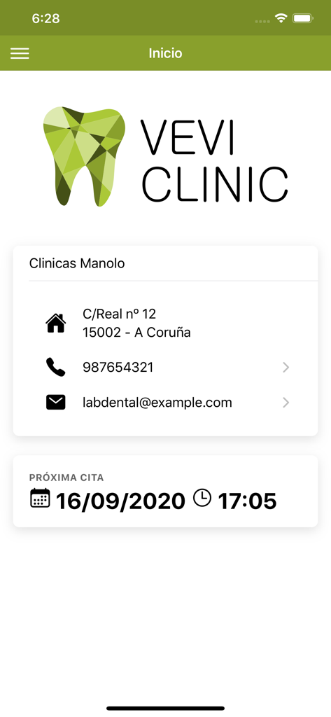 Vevi Clinic - Home screen of the Vevi Clinic app showing dental clinic contact details and the next scheduled appointment