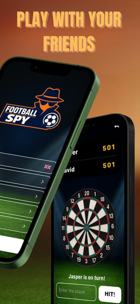 Football Spy - Football Spy app screens showing logo and football darts game interface