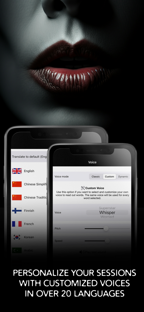 GhostTube - Interface of the GhostTube app showing voice customization settings and language options for paranormal sessions.