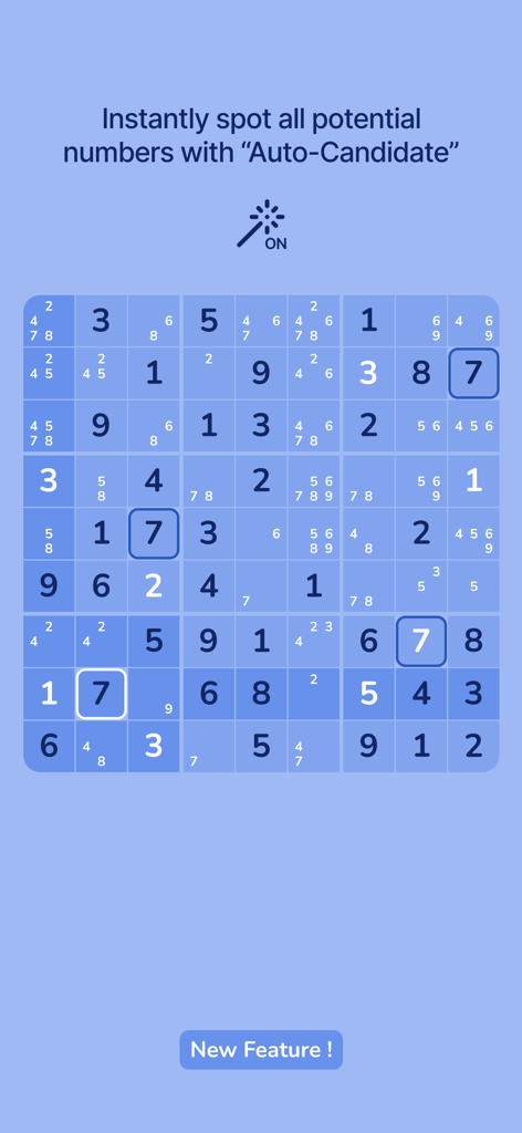 Cozy Sudoku - Juego de Cozy Sudoku mostrando la función Candidato Automático que muestra los números potenciales en cada celda