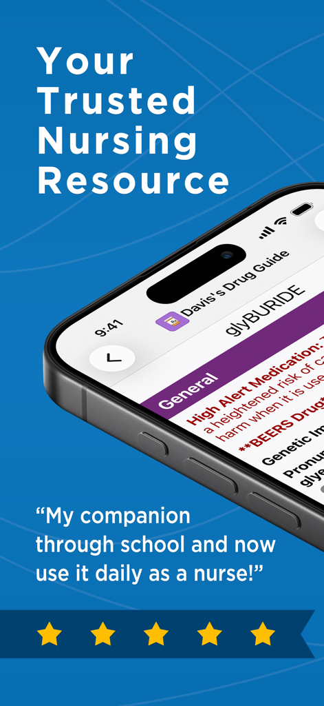 Captura de tela do aplicativo Nursing Central mostrando a entrada do Guia de Medicamentos Davis para a gliburida e um depoimento de usuário de 5 estrelas