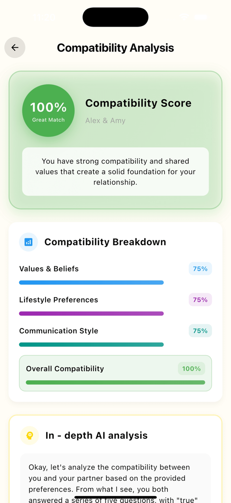 Compatibility analysis screen showing a one hundred percent match score and a breakdown of values lifestyle and communication preferences
