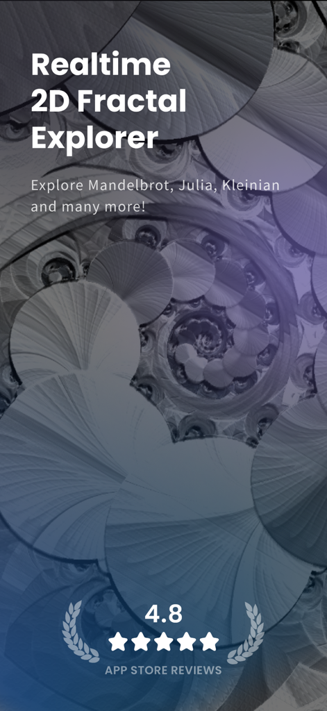 Magic Fractals 2D: Art Therapy - Magic Fractals 2D app screenshot showing realtime fractal explorer and 4.8 star rating