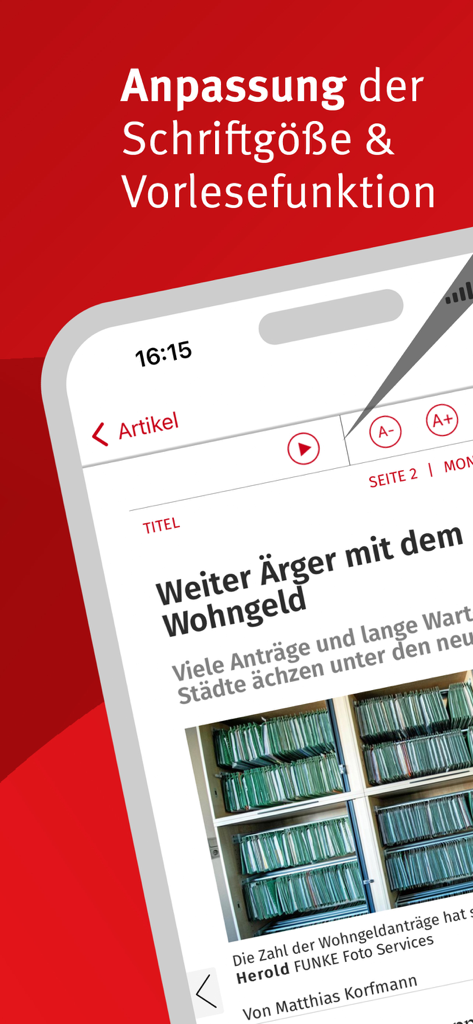 Oberfläche der WR E-Paper App mit Anpassung der Schriftgröße und Vorlesefunktion