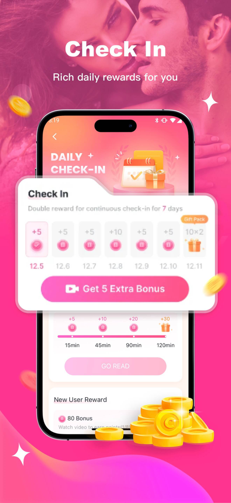 Daily rewards check-in screen on the Magfic romance reading app