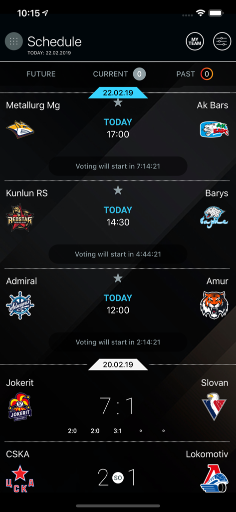 Kontinental Hockey League 경기 일정 및 지난 경기 결과를 보여주는 모바일 앱 화면