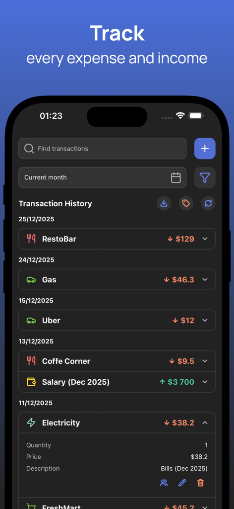 Histórico de transações compartilhadas no aplicativo Budget Sync rastreando despesas e receitas